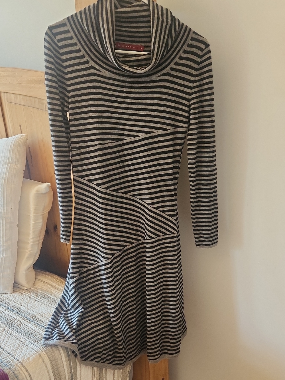 Donna Karan Black and Gray Striped Long Sleeve Cowl Dress